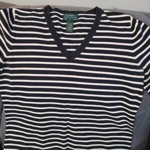 Lauren Ralph Lauren Navy and White Striped V-Neck Sweater
